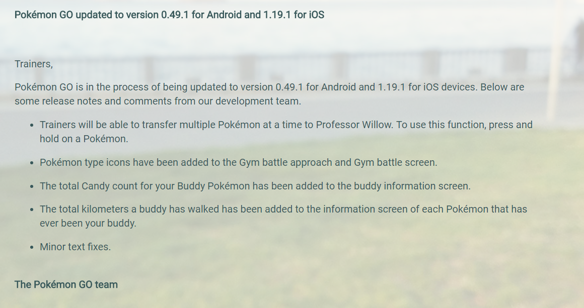 latest pokemon go changelog